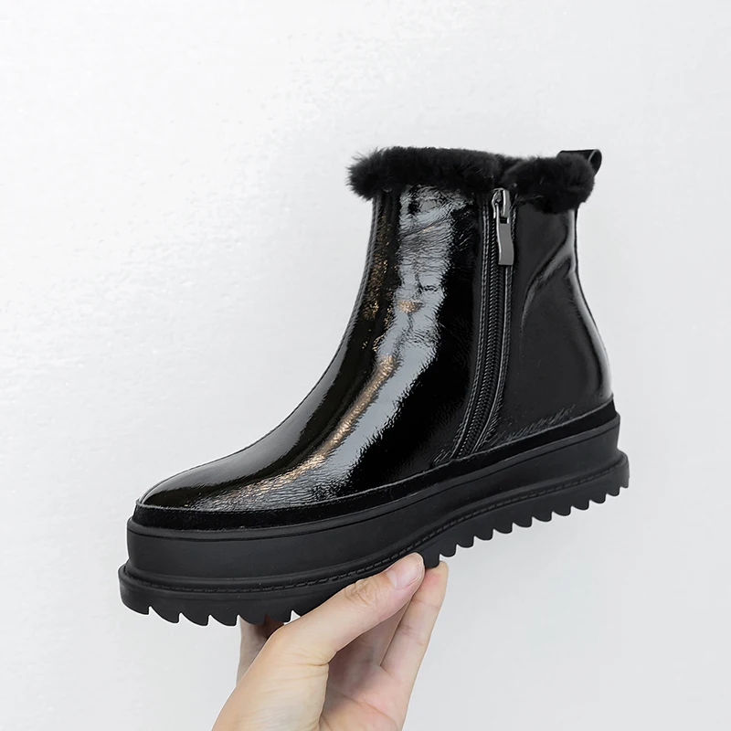 Women Fur one Snow Boots Brand Top Quality Genuine Leather Cow Suede Zipper Closure Winter Lady Ankle Boots Handmade size34-43