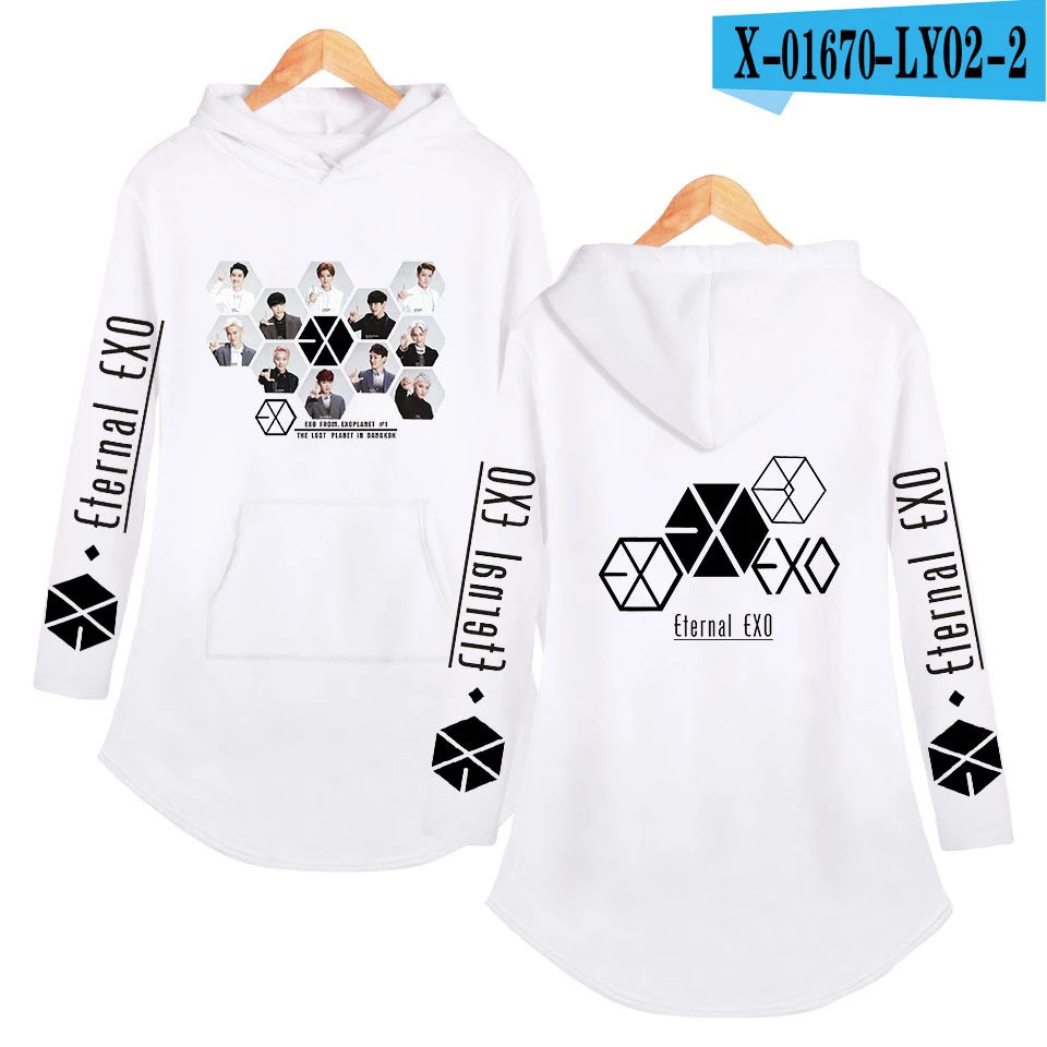 EXO Ablum Толстовка негабаритных женщин асимметричный подол воротник пальто Повседневный корейский стиль Женский сексуальные свитшоты верхняя одежда Уличная - Цвет: white