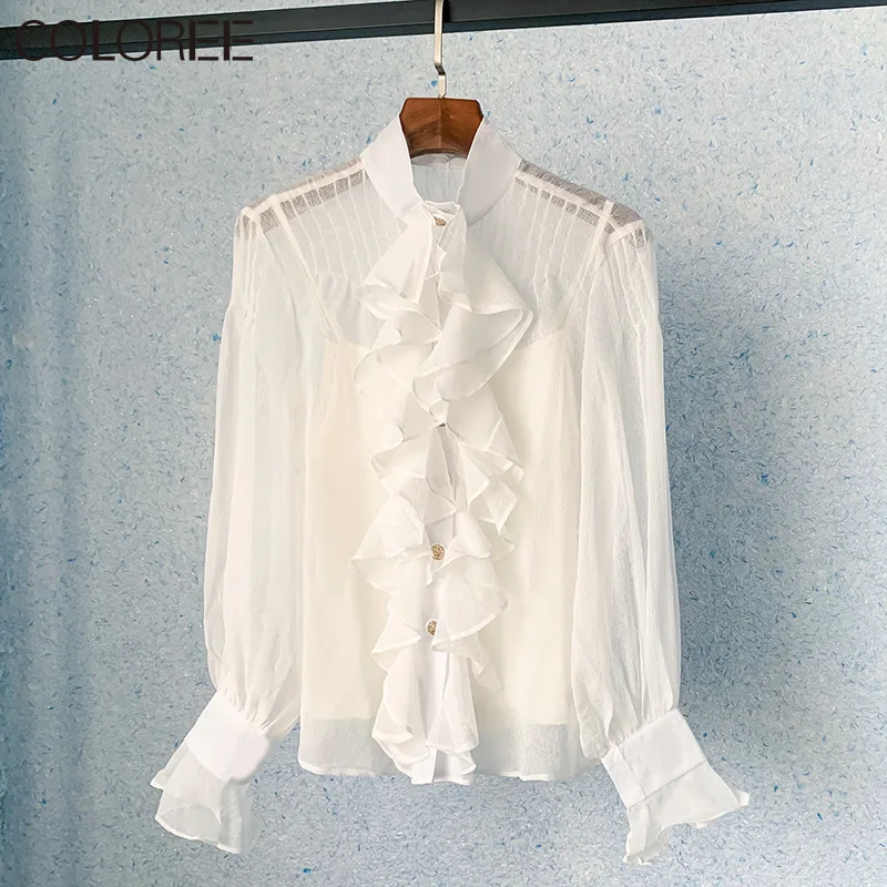 

Vintage White Shirts Blouses Women Spring Stand Collar Single-breasted Long Sleeve Shirts Female Tops Blusas 2023