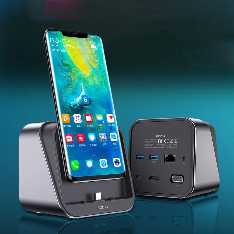 

Rock Type-C Docking Hub Adapter for HUAWEI P30 Pro OPPO VIVO NEX USB 3.0 PD Port 4K Video Output VGA 3.5mm Audio Jack RJ45 Port