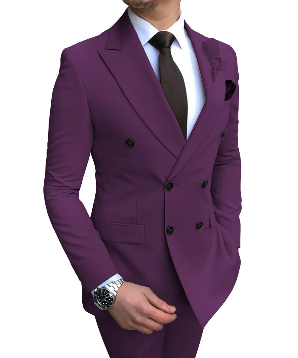 Dark Purple Новинка, модный мужской костюм, 2 предмета, v-образный вырез, для отдыха, с отворотом, двубортный смокинг, мужские свадебные костюмы(пиджак+ брюки - Цвет: Dark Purple