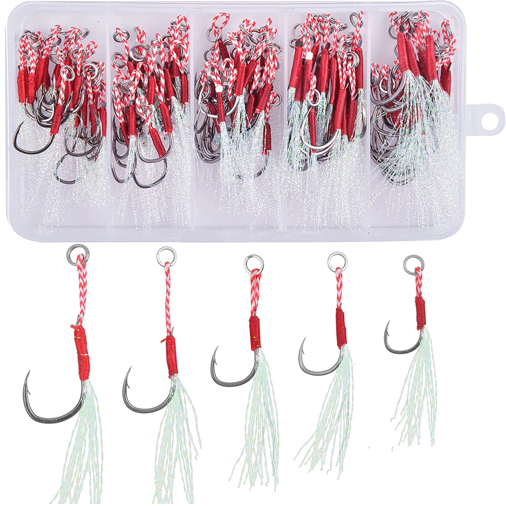 100 Stück/Box Guss-Jig-Assist-Haken, Slow-Jigging-Köder, Barsch-Angelhaken, Widerhaken, Fischhaken zum Binden mit Feder, Meeresfischhaken