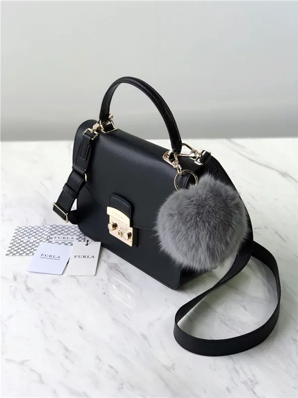 Оригинальные женские сумки FURLA, высокое качество, большие размеры, женские меховые кожаные сумки черного цвета, Размер 23 см* 8 см* 17,5 см