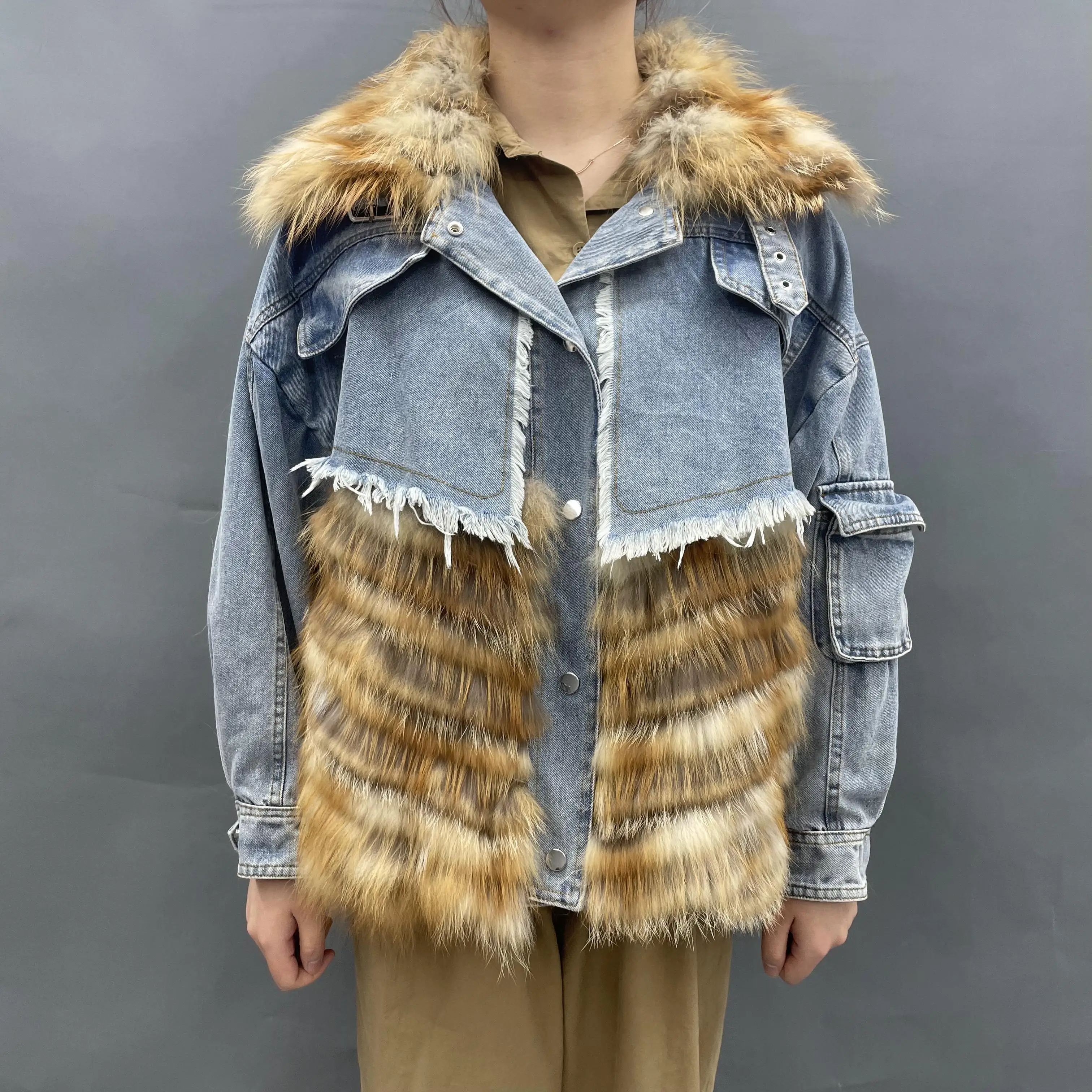 

MISSJANEFUR 2021 New Real Fur Coat Women Fashion Warm Denim Down Jackets Fluffy Raccoon Fur Winter Parkas Outwear Female