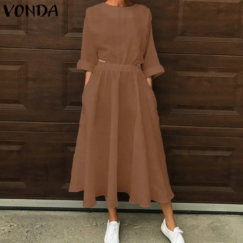 VONDA повседневные свободные платья из хлопка с длинным рукавом, вечерние платья в богемном стиле, пляжный сарафан для беременных, элегантное Пляжное Платье Макси