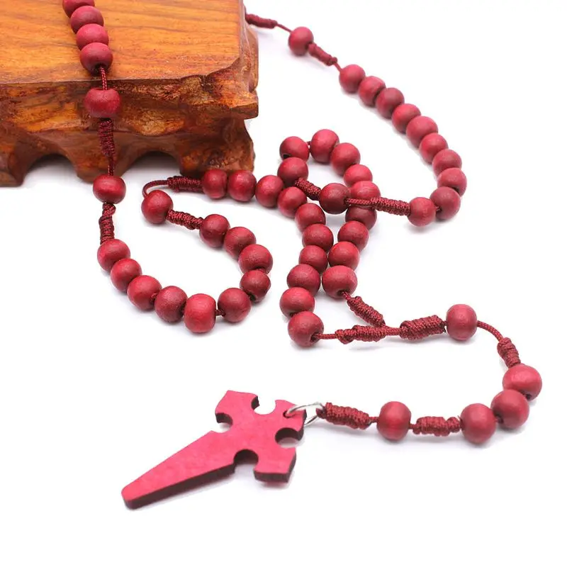 Деревянный молитвенный бисер 6 мм Четки Крест Ожерелье Подвеска плетеная веревка цепь ювелирные изделия аксессуары