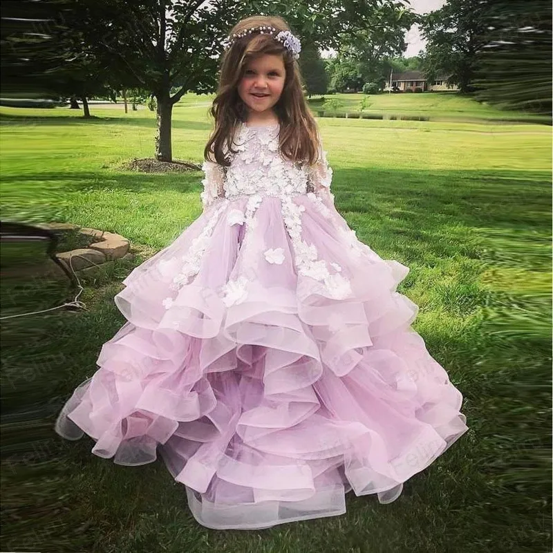 

2020 Ruffles Flower Girl Dresses Long Sleeves Appliques Long Formal Kids Party Gowns A Line Pageant Dress