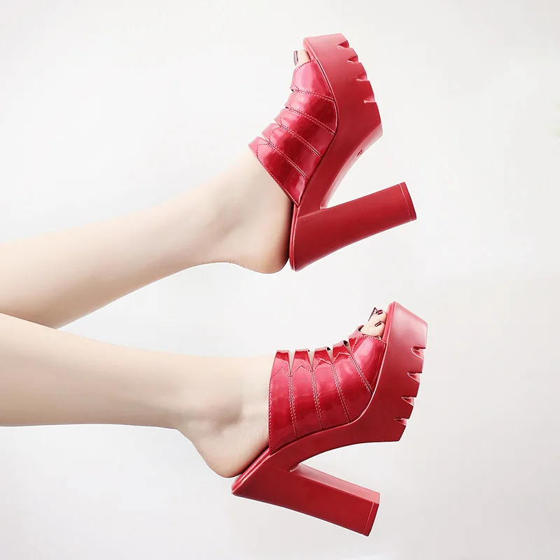 

Fashion flip flop 13cm crude with super high heel patent leather sandals and slippers large small size womens slippers 32,33,43