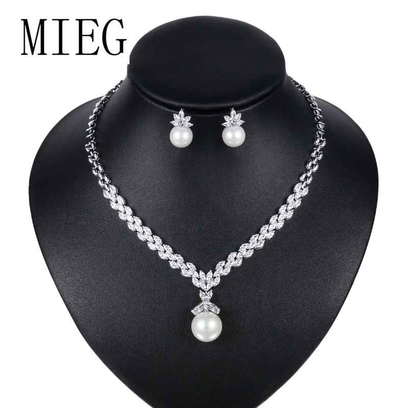 

MIEG Brand Marquise Zircon Crystal and Shell Pearl Necklace and Earring Bridal Wedding Jewelry Set in Rhodium Silver Color