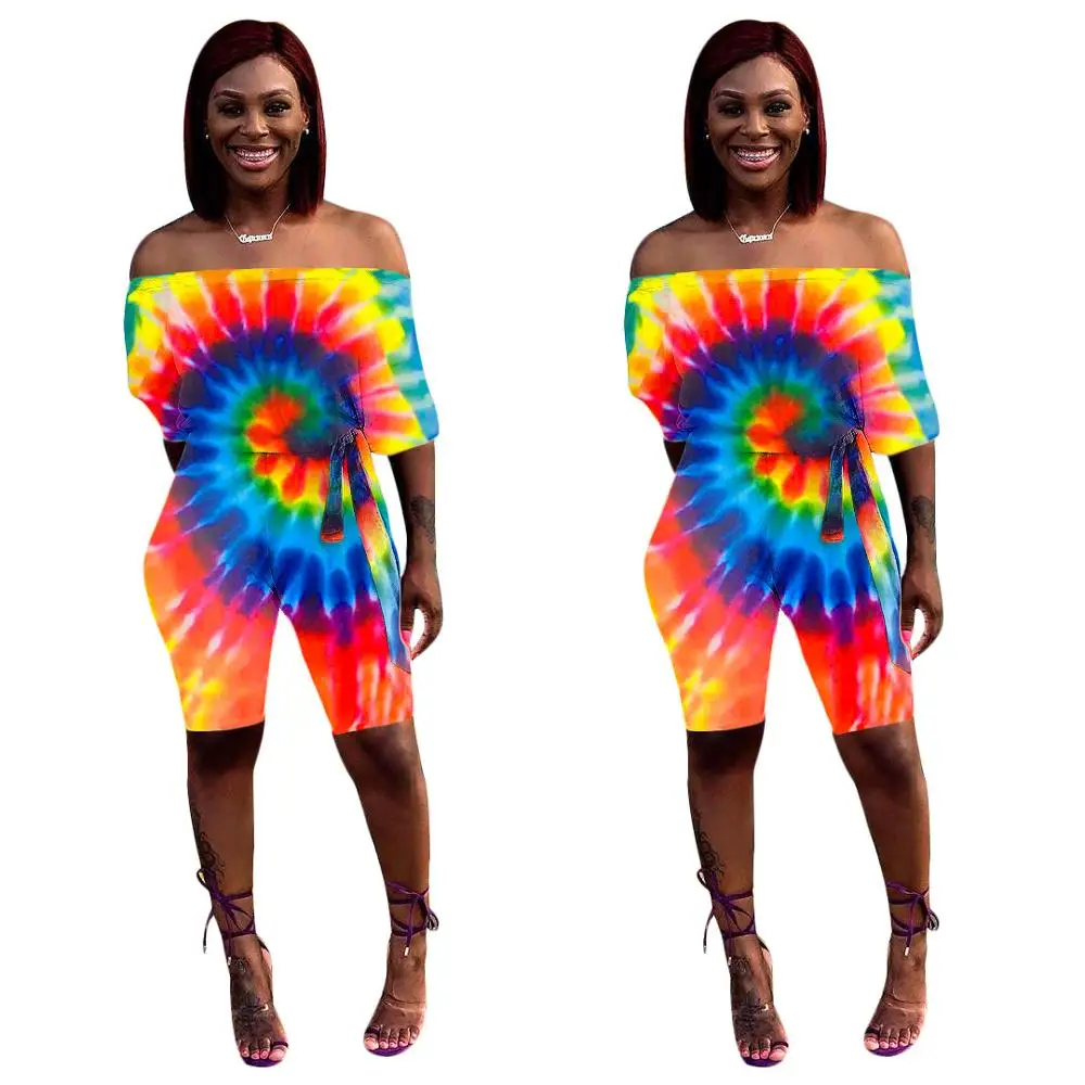 Tie dye костюмы для игры с принтом летние женские сланцы шеи Половина рукава и кружевные шорты пляжный стиль женский Облегающий комбинезон MS3607