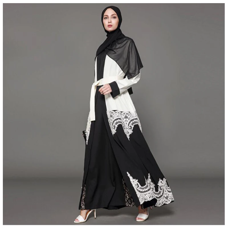 

Western Muslims Fashion Lace Hollow Out Design Black White Patchwork Looser Plus Size Women Abaya