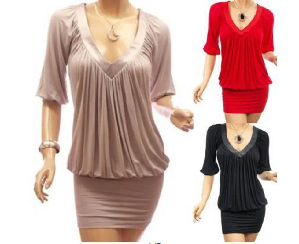 2020 Women's Fashion V-neck Half Sleeve Pleated Pure Color Slim Hip Package Sexy Mini Women Dress | Женская одежда