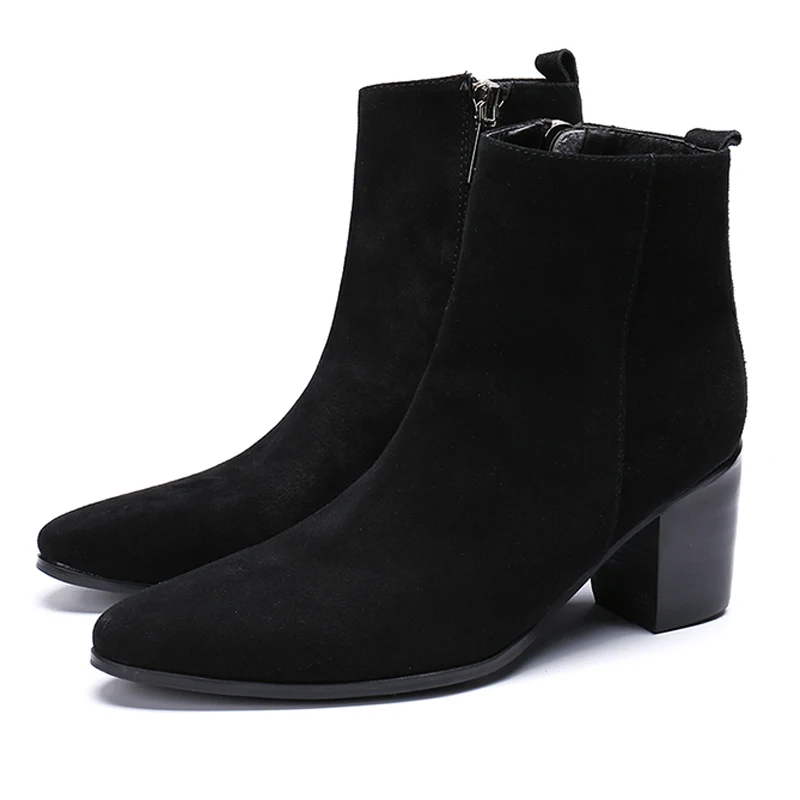 Plus Size New Elegant Man High Heels Pointed Toe Handmade Riding Shoes Cow Suede Leather Men's Motorcycle Ankle Boots SL636