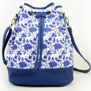 

Blue and White Porcelain Women's Backpack Canvas Bag Printing Bucket Pull-Belt Back China National Style Bag