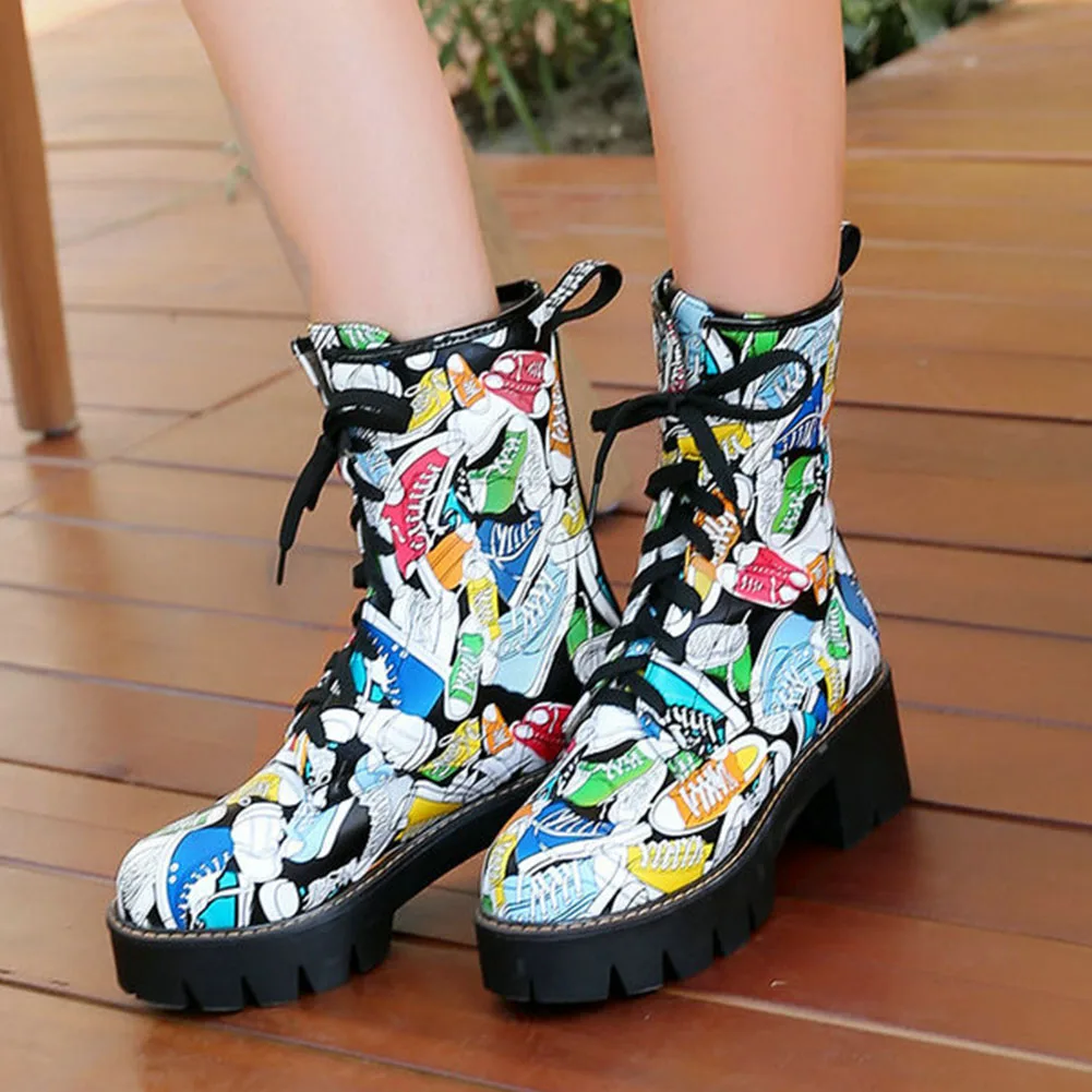 

SARAIRIS 2020 Motorcycle Boots female Square Heels Round Toe Shoelace Graffiti Ankle boots Platform women shoes plus size 43