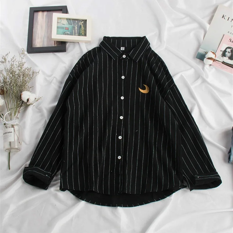 Goede Woherb 2020 Vrouwen Kawaii Gestreepte Blouse Maan Borduurwerk Koreaanse Dames Tops Blusas Casual Batwing Mouw Linnen Overhemd 20824