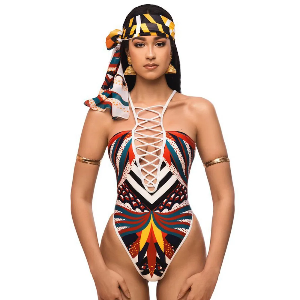 Сексуальный Африканский стиль цельный купальник женский Принт купальник шарф с цветочным принтом стринги Монокини Бразильский купальный костюм - Цвет: 06