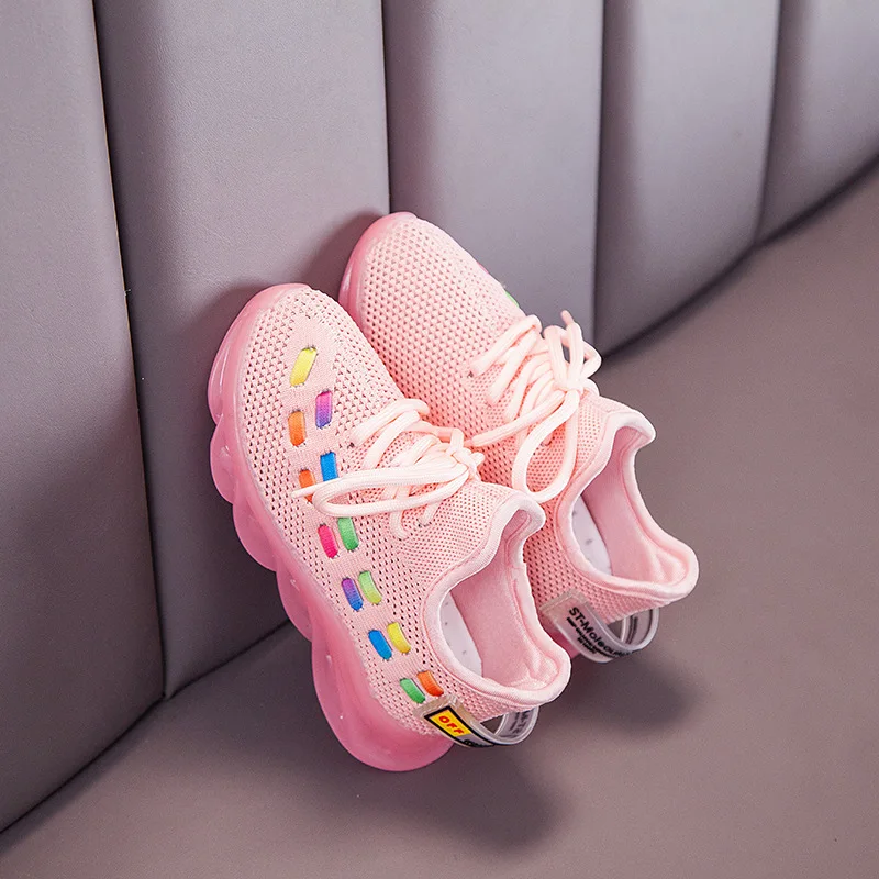 Children's sports shoes autumn trend boys and girls color breathable mesh casual shoes fashion running shoes - Цвет: Розовый