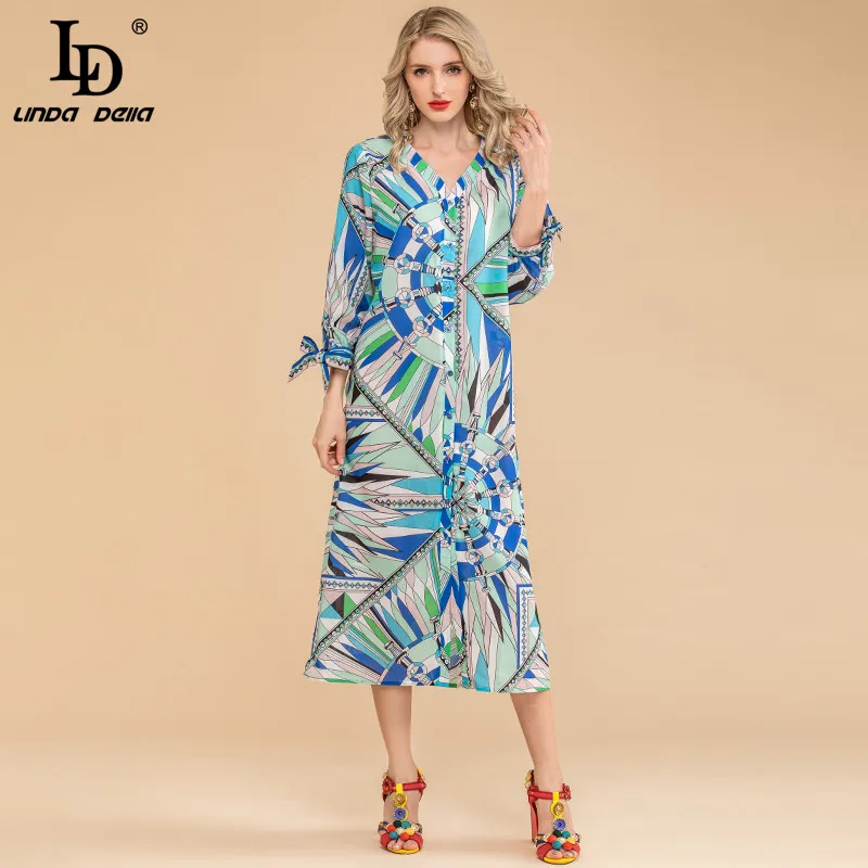 LD LINDA DELLA Autumn Fashion Loose Plus Size Dress Designer Women V-Neck Single-breasted Print Holiday Vintage Midi Dress LD LINDA DELLA Autumn Fashion Loose Plus Size Dress Designer Women V-Neck Single-breasted Print Holiday Vintage Midi Dress