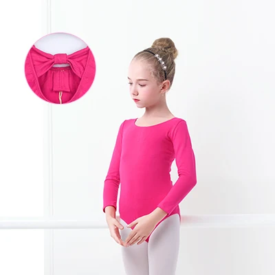 Hot Pink Long Sleeve Лайкра хлопок дети девочка балет танец трико Боди Девушки Одежда с бантом Сзади Розовый Лавандовый Лонгслив под змеиную кожу - Цвет: Hot Pink Long Sleeve