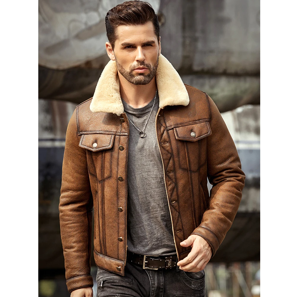 Мужская овечья шерсть куртка B3 летная куртка Авиатор зимнее пальто меховая кожаная куртка-бомбер коричневая джинсовая куртка