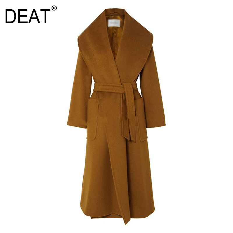 Женское шерстяное пальто на шнуровке DEAT теплое с отложным воротником и длинными