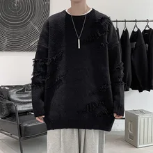 Trendy Harajuku Style Loose Casual Knitted Sweater Spring and Autumn Holes Thickened Warm Solid Color Pullover Sweater Men