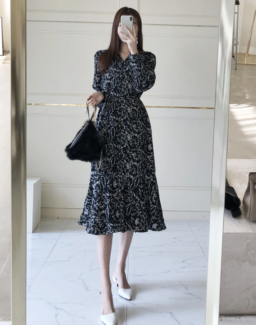 

Vintage Floral Maxi Dress Summer Long A-Line Split Lantern Long Sleeve Spring Elegant Retro Boho Dress Women Vestidos