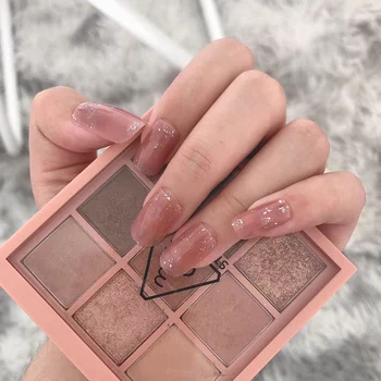 

24PCS/box Popular full cover Wearable Fake Nails with glue Shimmering Powder Square Head Suitable Girls Decor Pink Finished Nail