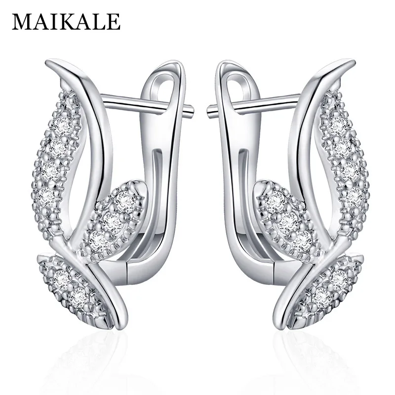 MAIKALE, классические серьги-гвоздики в форме листа с фианитами, покрытые кубическим цирконием, золотые, серебряные серьги с цветком из циркона для женщин, модный подарок - Окраска металла: Silver