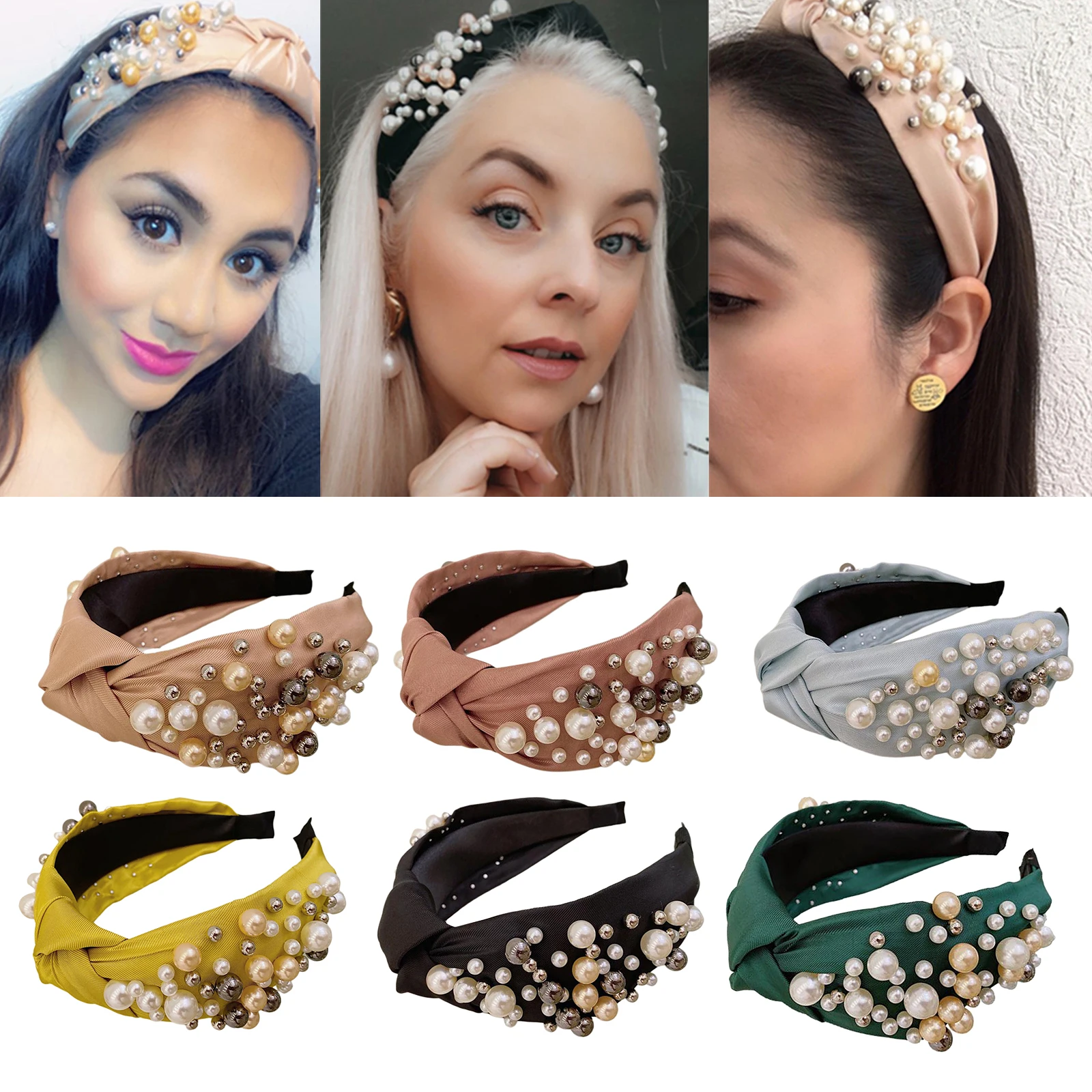 

Vintage Pearl Headbands for Women Wide Headband Knot Turban Headbands Hairband with Faux Pearl Hair Hoops Accessories