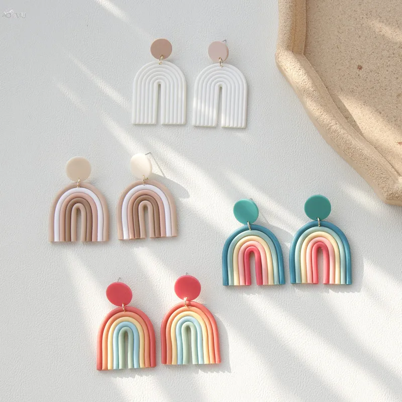 AOMU 1Pair 2021 Korea New Spring Autumn Candy Color Gradient Ceramic Clay Long Dangle Drop Earrings for Women Jewelry Gifts