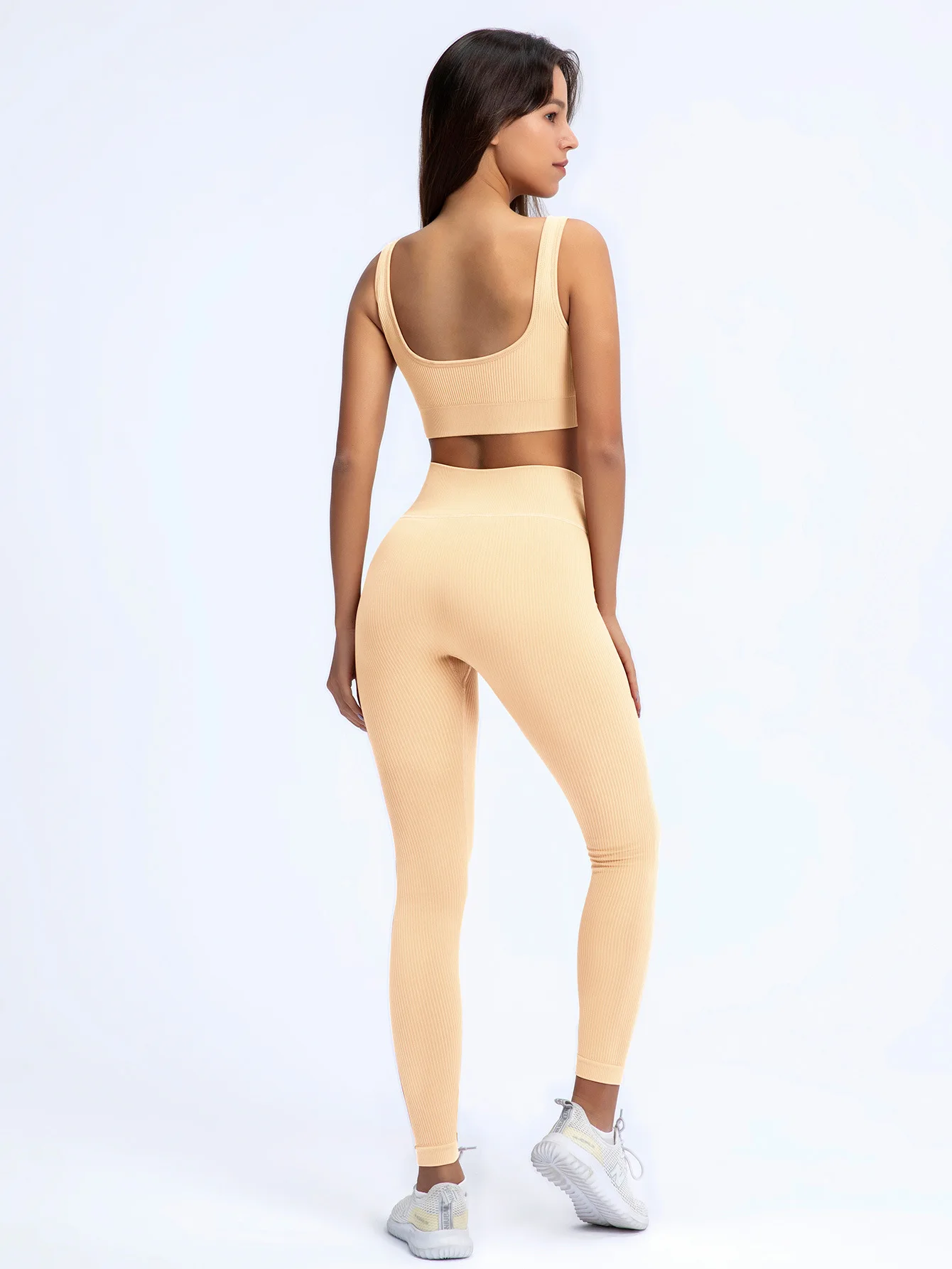 BURGUNDY 2 Piece Set Ribbed Seamless Outfits Yoga Leggings Fitness Wear Womens Sports Bra Gym Pants Workouts Scoop Notch CARAMEL