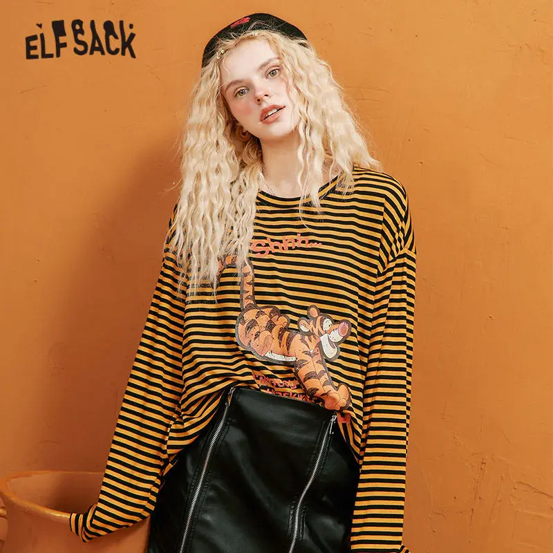 ELFSACK/повседневные футболки в полоску с мультяшным принтом женские топы осень 2020