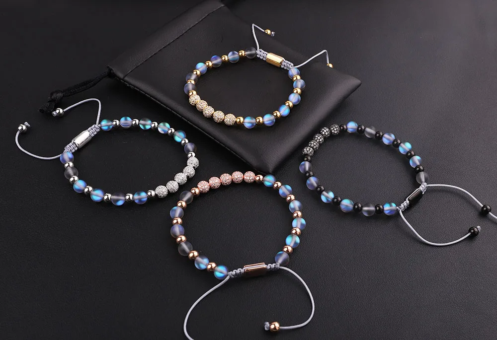 JARAVVI New Design Luxury CZ Pave Ball AB Grey Color Flash Glass Moonstone Stainless Steel Beads Macrame Bracelet Women - Image 6