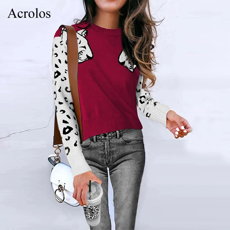 Leopard Sweater Women Knitted Pullover Fashion Ladies Animal Print Patchwork O-neck Long Sleeve Jumper Sweaters Pull Femme | Женская