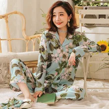 Женский пижамный комплект из 2 предметов, атласная шелковая красочная пижама с принтом, Осенний топ+ штаны, Женское ночное белье с длинными рукавами, домашний сервис