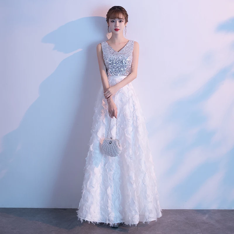 AE628 Robe De Soiree белое вечернее платье Длинное Элегантное платье трапециевидной формы с v-образным вырезом без рукавов с блестками кружевное вечернее платье