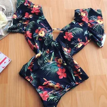 Сексуальный купальник с открытыми плечами, новинка, сдельный купальник с принтом в виде листьев, купальные костюмы, пляжная одежда, монокини с рукавами с рюшами, S-XL