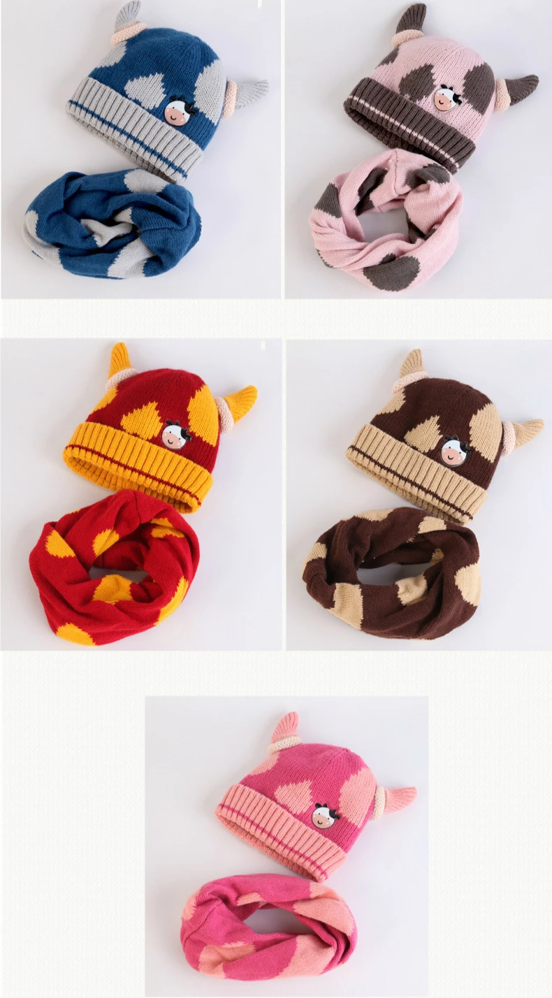 1-2 лет, детская шапочка, шарф, комплект из двух предметов, зимняя бархатная теплая шапка для младенца, кашемировая форма мультяшной коровы, детская шапка и шарф