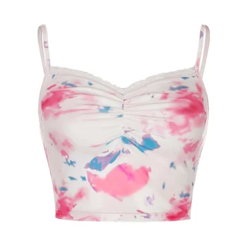 

Women Bandage Sleeveless Tank Fashion Style Tie Dye Camisoles Spaghetti Straps Lace V Neck Mesh Short Crop Tops Ladies Casual