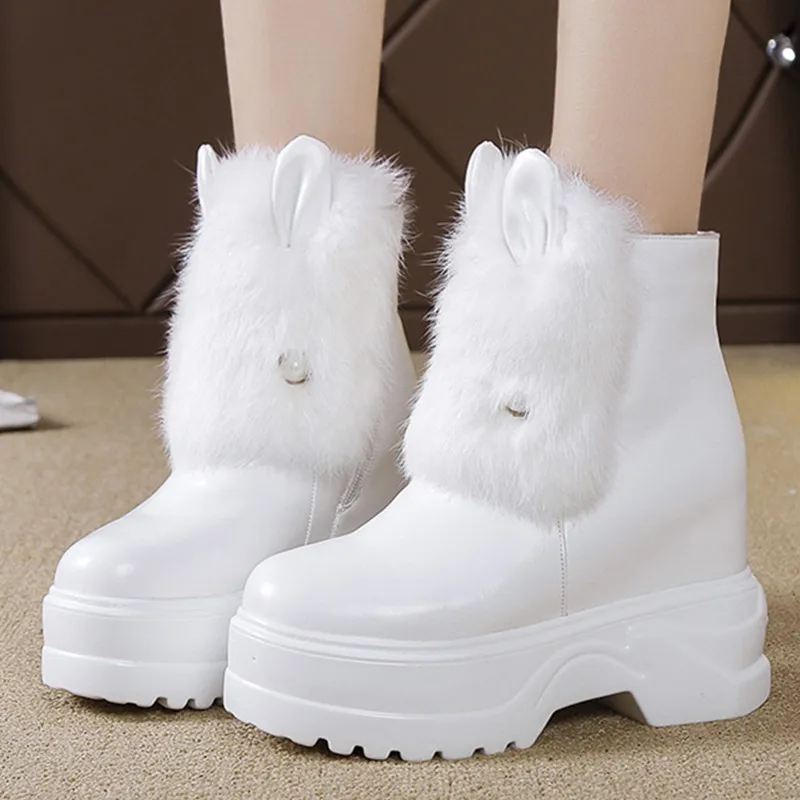 

Women's Shoes Rabbit Fur Ears Leather Warm Plush Winter Thick Bottom Wedge Ladies Shoes Increase Within Black Platform Boots