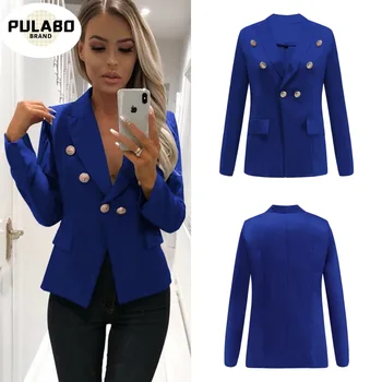 

Women Jacket 2020 Blue Slim Fit Long Sleeve Single Button Coat Slim Office Lady Jacket Female Tops Feminino
