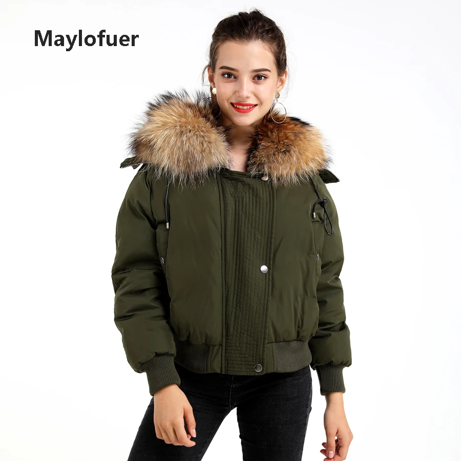 Maylofuer army green Angel Wings натуральный мех енота воротник парка с капюшоном на молнии Женский Теплый пуховик хлопковая куртка короткое пальто с мехом