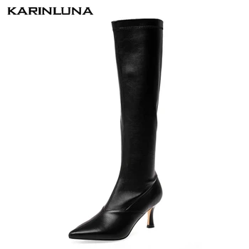 

karinluna Classics New Arrival Genuine Leather Women Boots Casual Pointed Toe Cow Leather Thin Heels 7.5 cm Knee High Boots