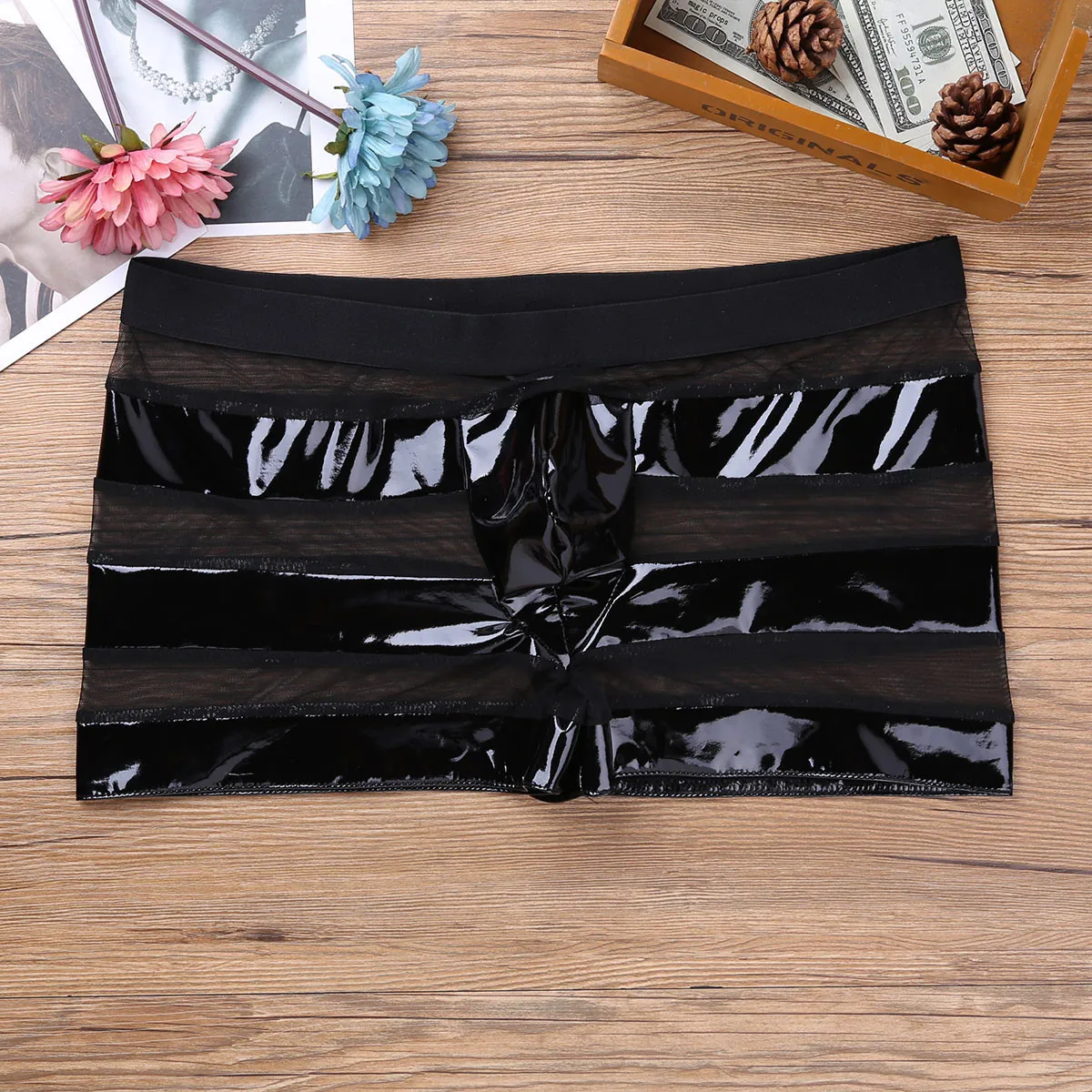 Мужская одежда для плавания, нижнее белье, Wetlook, искусственная кожа, сетка, пэчворк, в полоску, низкая посадка, плавки, боксеры, пляжные шорты, сексуальные плавки