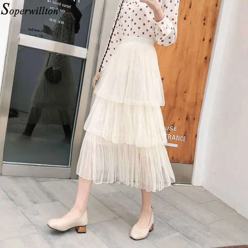 Женская сетчатая юбка, плиссированная, длинная, миди, юбка с оборками, тюль, эластичная, высокая талия, повседневная, Saias Mujer Jupe, трендовая, элегантная, женская, белая