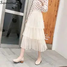Женская сетчатая юбка, плиссированная, длинная, миди, юбка с оборками, тюль, эластичная, высокая талия, повседневная, Saias Mujer Jupe, трендовая, элегантная, женская, белая