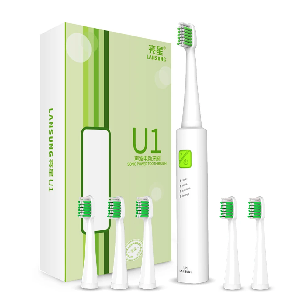 LANSUNG звуковая электрическая зубная щетка, ультра звуковая USB перезаряжаемая зубная щетка для взрослых, 4 насадки, сменные отбеливающие водонепроницаемые - Цвет: U1 White Green 6head