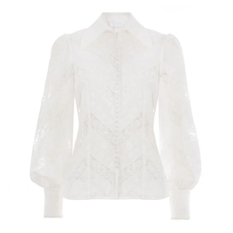 Lady Fashion Formal Shirts Luxurious Palace Style Delicate Embroidery Hollown Out Lace Pure White Elegant Temperament Shirt